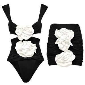 3D FLOWER CUTOUT SWIMWEAR - BLACK AND WHITE