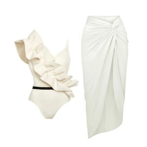 IVORY RUFFLE SWIMSUIT & WRAP SKIRT SET